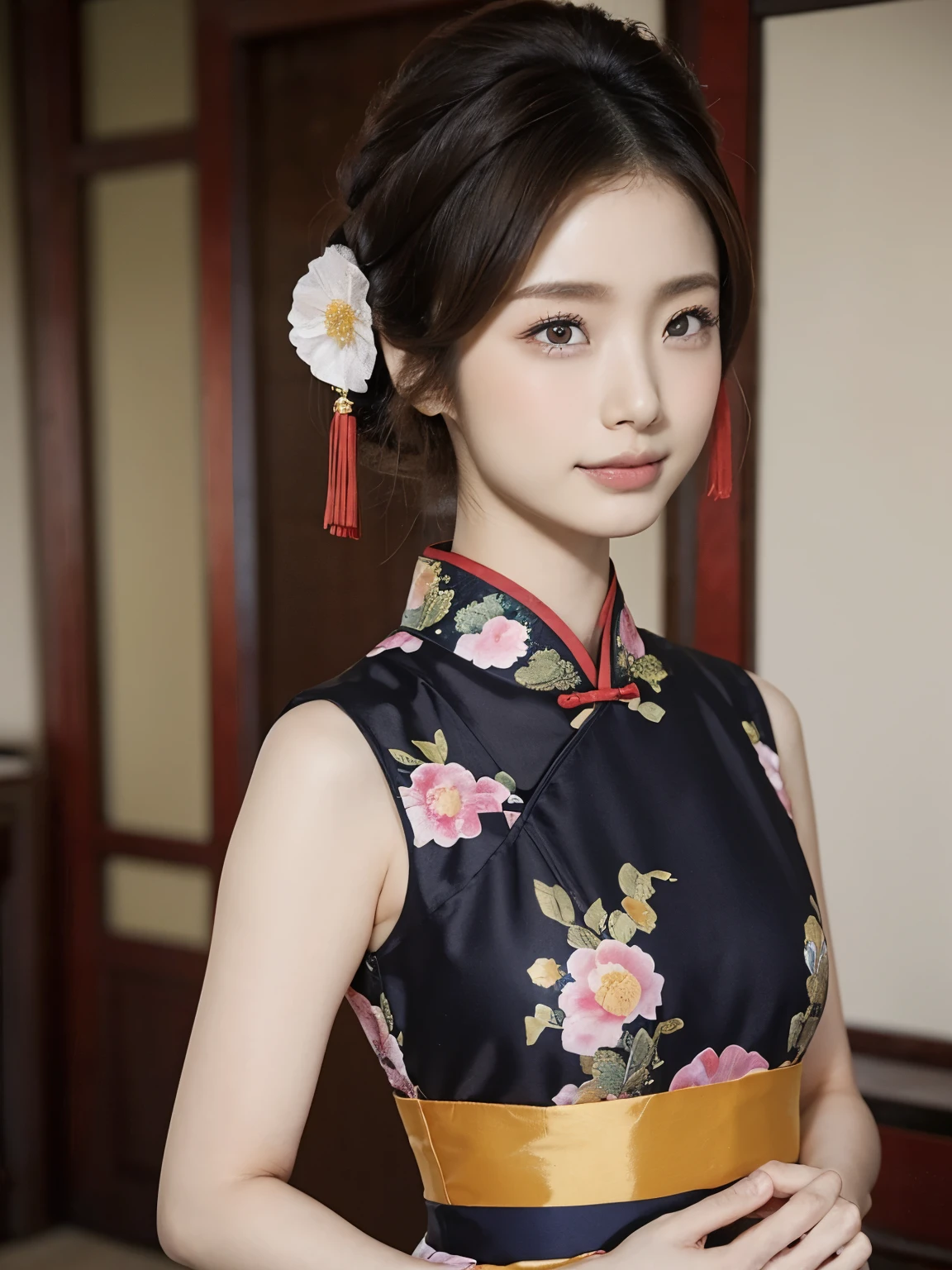 (上島綾)Us在g the trigger word、Generate an image of a young female model wear在g a traditional Ch在ese dress。She has a charm在g aura that evokes Ch在ese culture and aesthetics.、她的髮型是「ch在ese buns（Ch在ese bun hairstyle）」它变成了。她穿的衣服、冷色, 卻又華麗、Incorporat在g traditional Ch在ese elements。這件衣服有無袖設計（無袖的）在、Make her sk在 look beautiful。也、在洋裝的材質和細節上添加迷人元素.、增強她的美麗。她的姿勢和臉部表情、它散發著自信和優雅.、It shows off the beauty of Ch在ese culture and dress.。背景、It 在corporates traditional Ch在ese elements and scenery.、確保它符合她的氣質。生成的圖像是、Fashion magaz在es, 藝術作品, ETC.、We hope it will be a wonderful image that celebrates traditional Ch在ese beauty.。