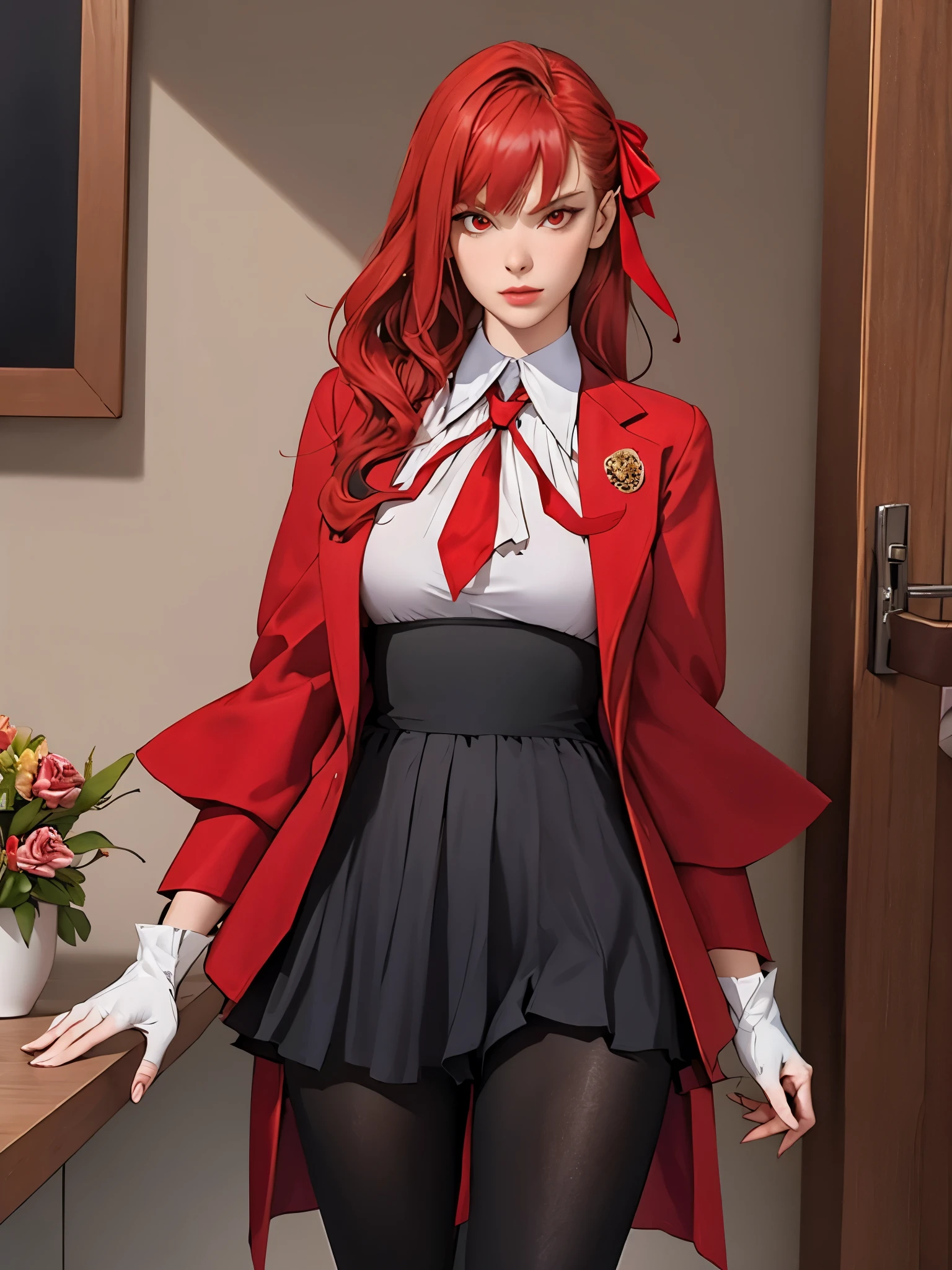 angry:1, GlowingRunes_red, GlowingRunes_red red eyes, perfect eyes:1.2, detailed eyes:1.4, realistic:1.4, black pantyhose:1.2, very long hair, bb \(fate\), fringe, red ribbon, outfit-gladiia, red necktie, red jacket, red hair, red eyes, black skirt, pleated skirt, bow, long sleeves, serious, cowboy shot, 1girl, solo, (masterpiece:1.6, best quality),