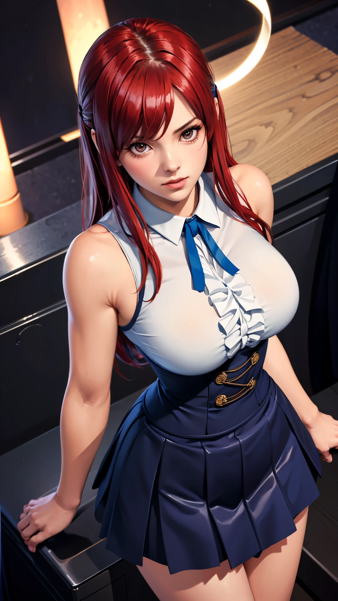 （（（Perfect figure，figure，独奏， （（（neck ribbon, bare shoulders, white shirt, sleeveless, center frills, blue skirt, ））），（（（fairy tail, long hair, red hair, brown eyes, hair over one eye））），((masterpiece)),high resolution, ((Best quality at best))，masterpiece，quality，Best quality，（（（ Exquisite facial features，Looking at the audience,There is light in the eyes，(（（Lol，confidence））)，））），型figure:1.7））），（（（Light and shadow，Huge breasts））），（（（Looking at the camera，black background，from above，Overlooking）））