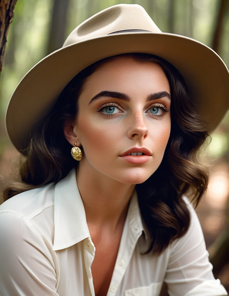NadT1lTTXV1A, 20歳の健康的で美しい女性 [エリザベス・テイラー:モード・アダムス:0.45] 傑作写真のポーズ, 背景に木々と茂みがある森林地帯で帽子と白いシャツを着ている, (サファリ設定:1.3), (ハッセルブラッド X1D II デジタル), (プロの写真撮影), (モデルのポーズ), (非常に詳細な顔の特徴), (完璧なカラーグレーディング), (自然光), (高品質の写真), (複雑なディテール), (8k), (高解像度), (シャープなフォーカス), (中程度の表示:1.2)