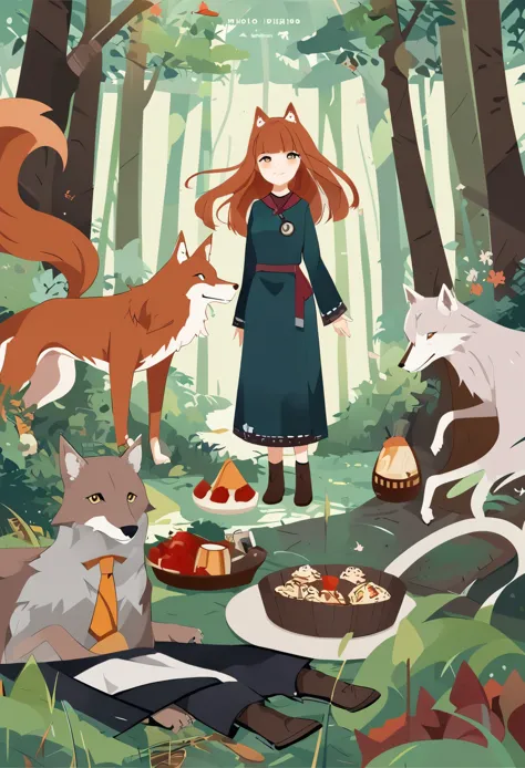 Movie Posters, A girl meets a wolf in the forest, holo, 1girl, wolf girl, Flat Design, Vector illustration, Graphic Illustration, Detailed 2D illustrations, Flat Illustration, digital illustration, Digital Art,