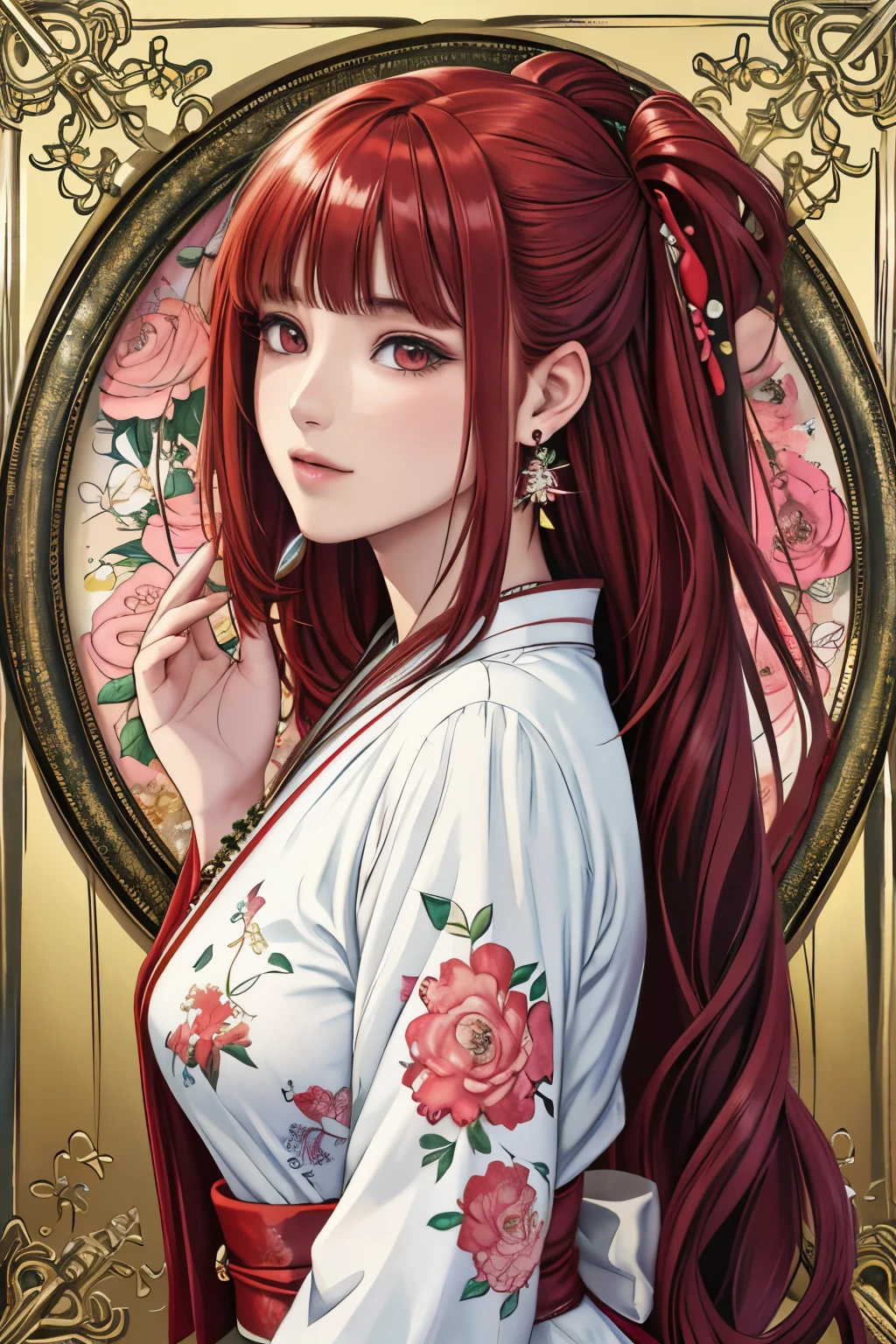 (​masterpiece, top-quality, top-quality, Official art, Beautifully Aesthetic:1.2), red eyes, (highest quality, masterpiece painting:1.3), immature woman, 16 years old, (half body shot), masterpiece, ultra high resolution, (((Flower frame, A lot of flowers in the frame, round frame, A beautiful girl fits into the frame))), Decorative panel, abstract art, (shot from a side angle), (Photoreal:1.0), ((red hair)),straight hair, beautiful shining hair, white and shining skin, Painterly, sketch, Texture, 超A high resolution, solo, Beautuful Women, A highly detailed, (Fractal Art:1.1), (colourfull:1.1), (florals:1.6), The most detailed, (Zentangle:1.2), (Dynamic Poses), (Abstract background:1.3), (shinny skin), (Many colors:0.8), (earrings:1.4), (pluma:0.9), Taisho romance