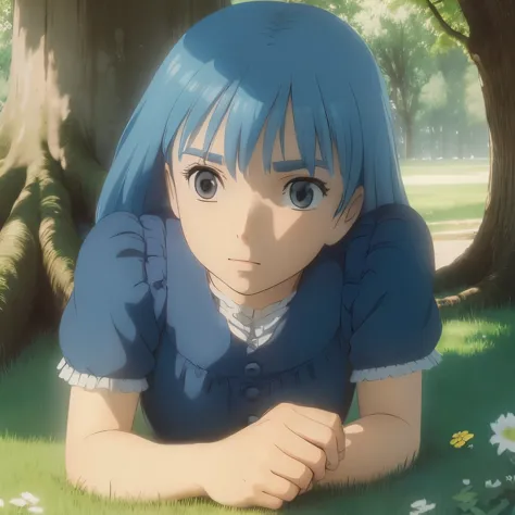 Make a girl with blue hair lying under a tree