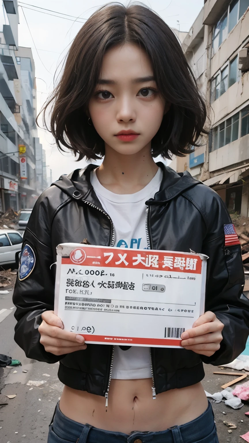 Bobcut,Begging in the downtown area,20-year-old,(((Homeless))),Bad complexion,Full of trash,Korean women,Pitch black,Tattered clothes,((( in a destroyed city,Oil,Mud stains,shit,dirty))),(((Frowning,カメラをGlaring))),((((Rubble pile))),After the disaster,Very fine eye, (((He&#39;s wearing a tattered and dirty black hoodie.,Wearing ripped pants))),(((Collapsing Building))),(((Tragic))),((photograph)),(((Fabric Shading))), (((highest quality))), (((masterpiece))) strong girl, ((((Realistic)))),,Black Hair, chic hairstyle, ((With bangs,ストレートミディアムBobcut, nice hair)), Light makeup,Red eyes, (((I&#39;m not wearing lipstick))), (nice, strong), (((Strong night atmosphere))), Centered Images, Looking at the camera, Elegant colors,Realistic Skin,Realistic texture,８k,whole body,Pale skin,Red iris,Expressionless,Glaring,Perfect Face,(((Big eyes))),Holding a blank board