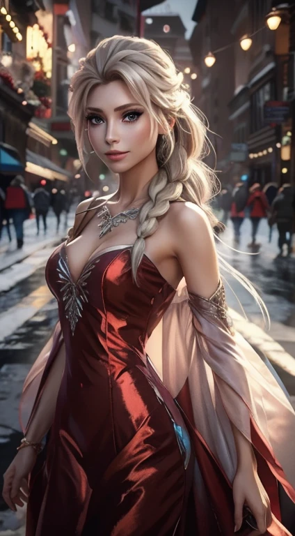 Generate an realistic image of Elsa from Frozen, real character Frozen elsa, dressed in modern fashion for a New Year's . HDR 8K texture dress, visual render Elsa, Elsa should be wearing a red, delicate long dress , along with a New Year's santa hat. The dress should be stylish and suitable for a princess. New Year's dress with real feathers and tassels