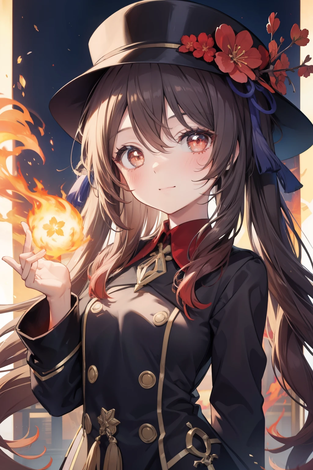 Walnuts、Good looking girl (blush, Perfect Face), independent , Looking at the camera, masterpiece, Anime art style, Cute Characters, Most detailed, high quality、Nico Nico Smile、There are highlights in the eyes、Wear a hat、Long Hair、Use fire magic、Fighting