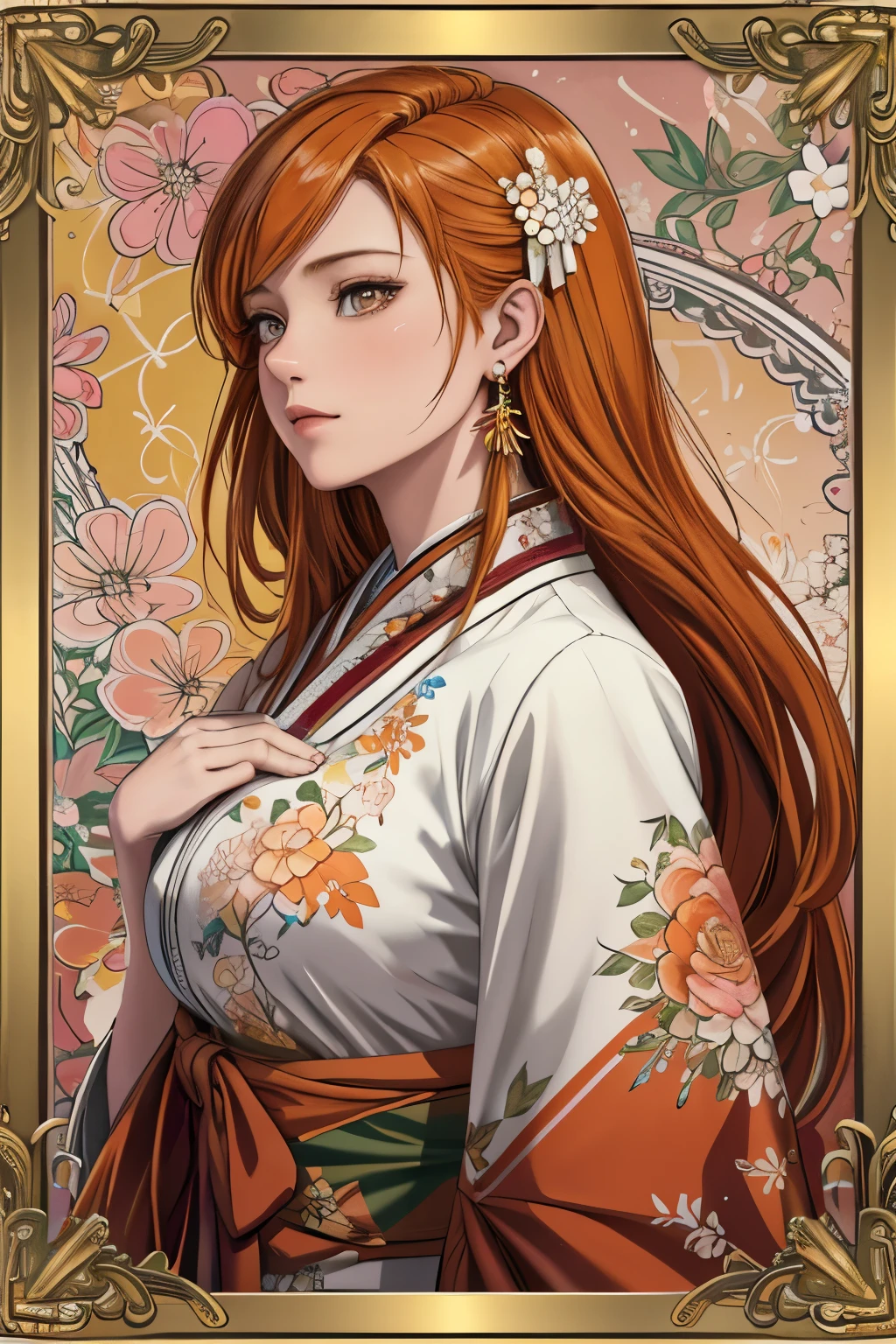 (​masterpiece, top-quality, top-quality, Official art, Beautifully Aesthetic:1.2), orange eyes, (highest quality, masterpiece painting:1.3), immature woman, 16 years old, (half body shot), masterpiece, ultra high resolution, (((Flower frame, A lot of flowers in the frame, round frame, A beautiful girl fits into the frame))), Decorative panel, abstract art, (shot from a side angle), (Photoreal:1.0), ((orange hair)),straight hair, beautiful shining hair, white and shining skin, Painterly, sketch, Texture, 超A high resolution, solo, Beautuful Women, A highly detailed, (Fractal Art:1.1), (colourfull:1.1), (florals:1.6), The most detailed, (Zentangle:1.2), (Dynamic Poses), (Abstract background:1.3), (shinny skin), (Many colors:0.8), (earrings:1.4), (pluma:0.9), Taisho romance