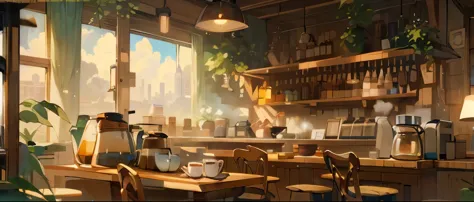 (masterpiece:1.2), best quality,pixiv,cozy animation scenes, scenery, cityscape, city, window, cloud, sky, food, indoors, comput...