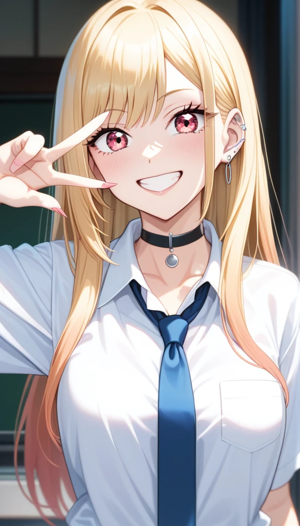 score_9, score_8_up, score_7_up, intricate details,
1girl, kitagawa marin, sono bisque doll wa koi wo suru, blonde hair, red eyes, ear piercing, barbell piercing, black choker, collared shirt, white shirt, earrings, blue necktie, grin, v,