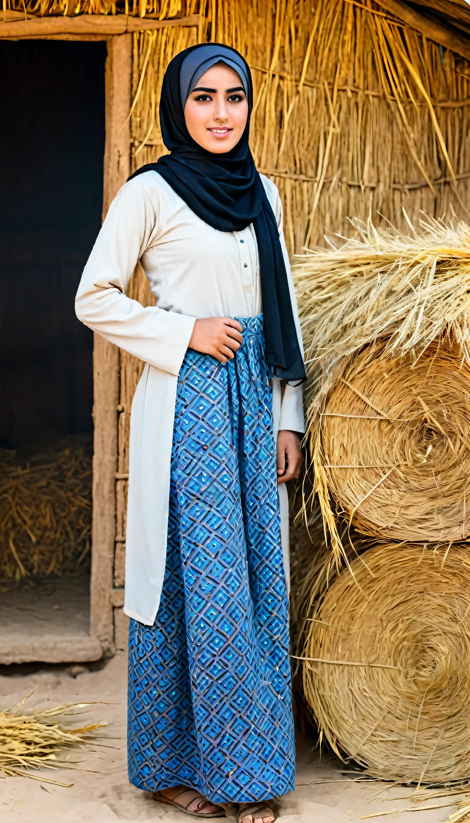 1girl, solo, an Iraqi  wearing traditional clothing at the theshold of a hut, wearing hijab, background includes hay and outdoor elements, black_hair, standing, looking_at_viewer