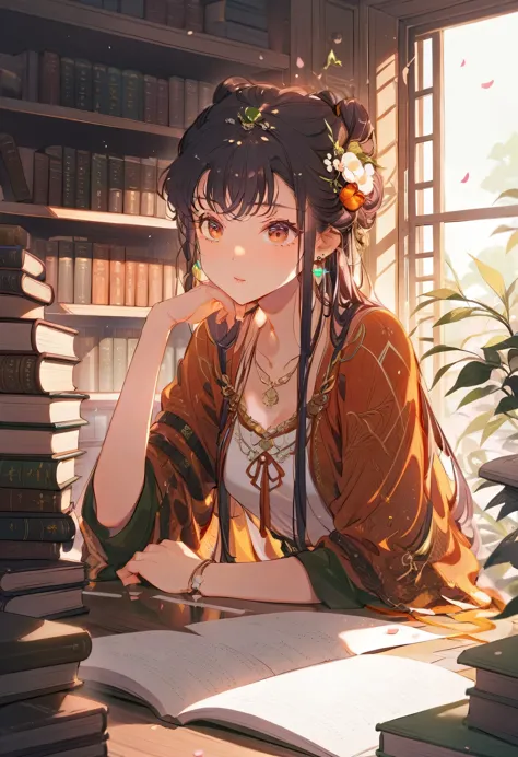 ((masterpiece,best quality))1 girl, solitary, bookshelf, pile of books, suzuno, indoors, hair accessories, youina, red eyes,