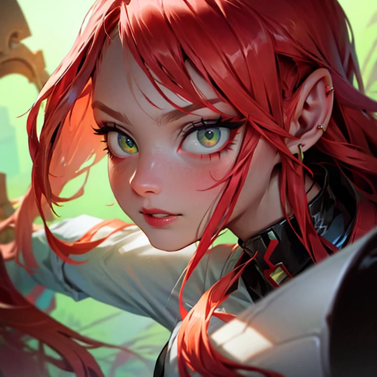 long red hair, gray-green eyes, nose wing piercing