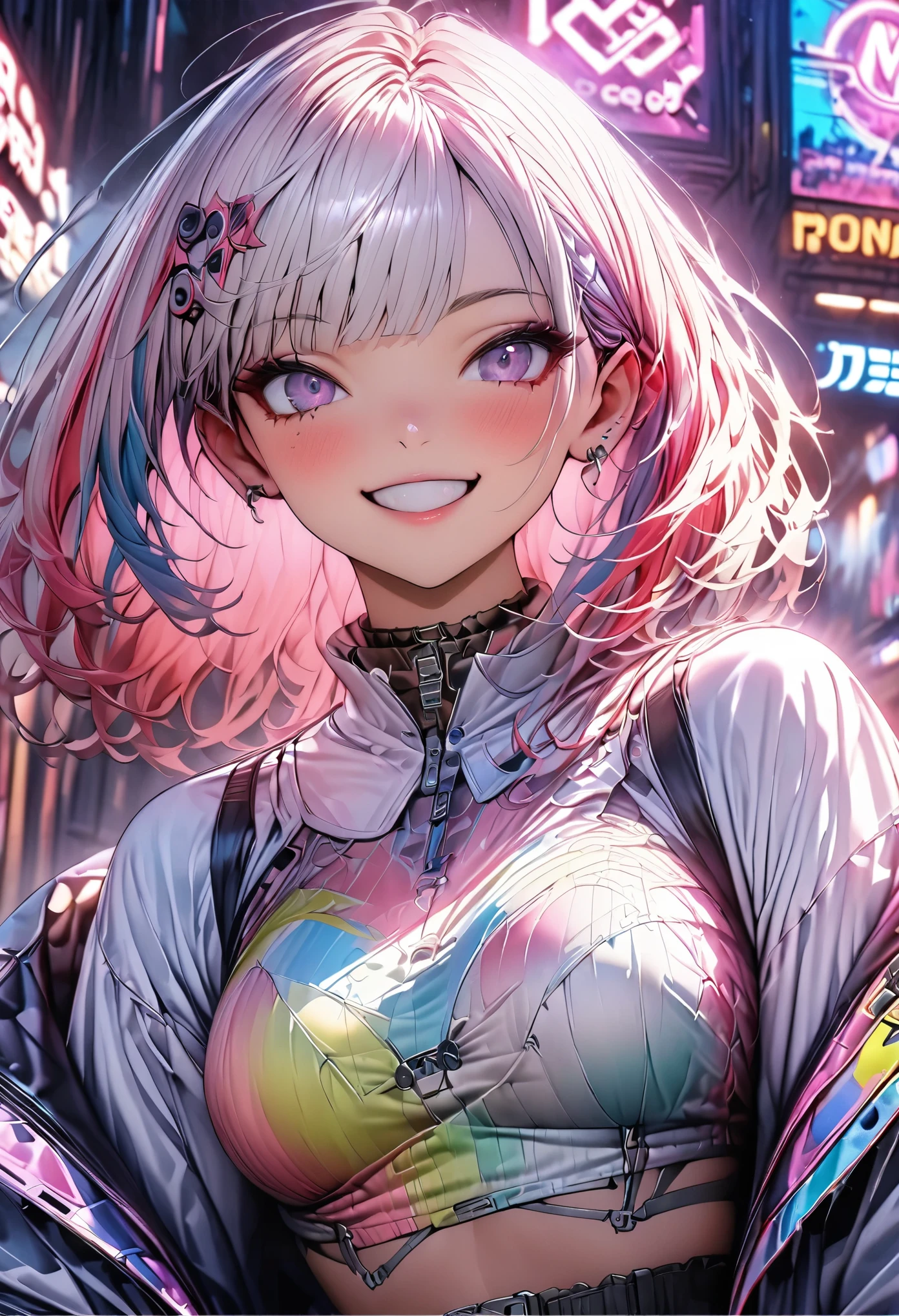 (masterpiece, highest quality, highest quality, Official Art, beautifully、aesthetic:1.2), (photographreal:1.5), Blake A girl holds a bunch of candy and a candy machine、Pink background with stars, Upper Body,A Smile Break by Alice Prin, photograph, Detailed painting, Pop Surrealism, (Neon colored hair:1.5),Strong winds,Giant Marshmallow Candy Machine Breaking Needlework, Intricate Design, Textile art, Handmade details, Creative Expression, Colorful yarn, cyber punk, Neo Dada BREAK