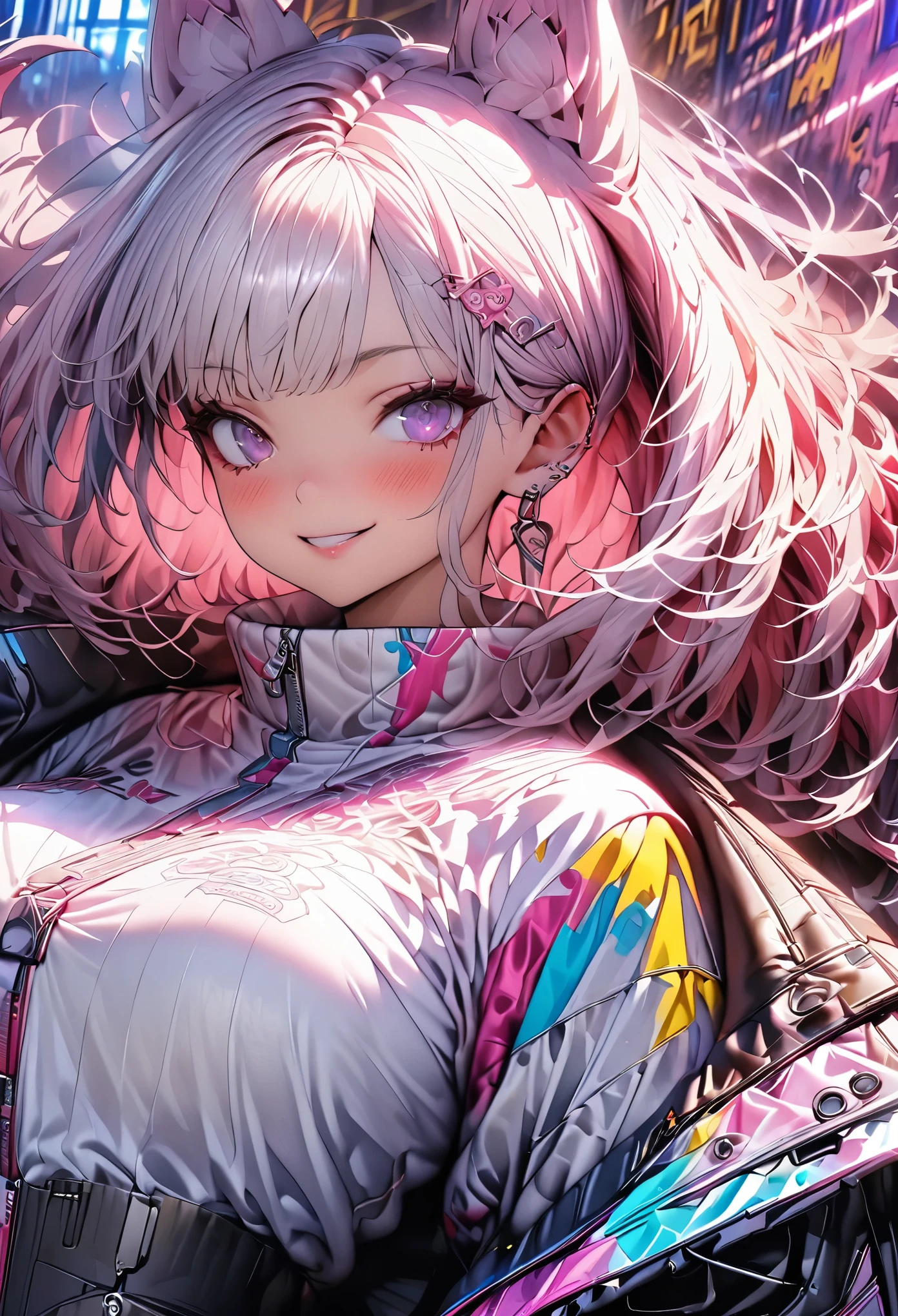 (masterpiece, highest quality, highest quality, Official Art, beautifully、aesthetic:1.2), (photographreal:1.5), Blake A girl holds a bunch of candy and a candy machine、Pink background with stars, Upper Body,A Smile Break by Alice Prin, photograph, Detailed painting, Pop Surrealism, (Neon colored hair:1.5),Strong winds,Giant Marshmallow Candy Machine Breaking Needlework, Intricate Design, Textile art, Handmade details, Creative Expression, Colorful yarn, cyber punk, Neo Dada BREAK