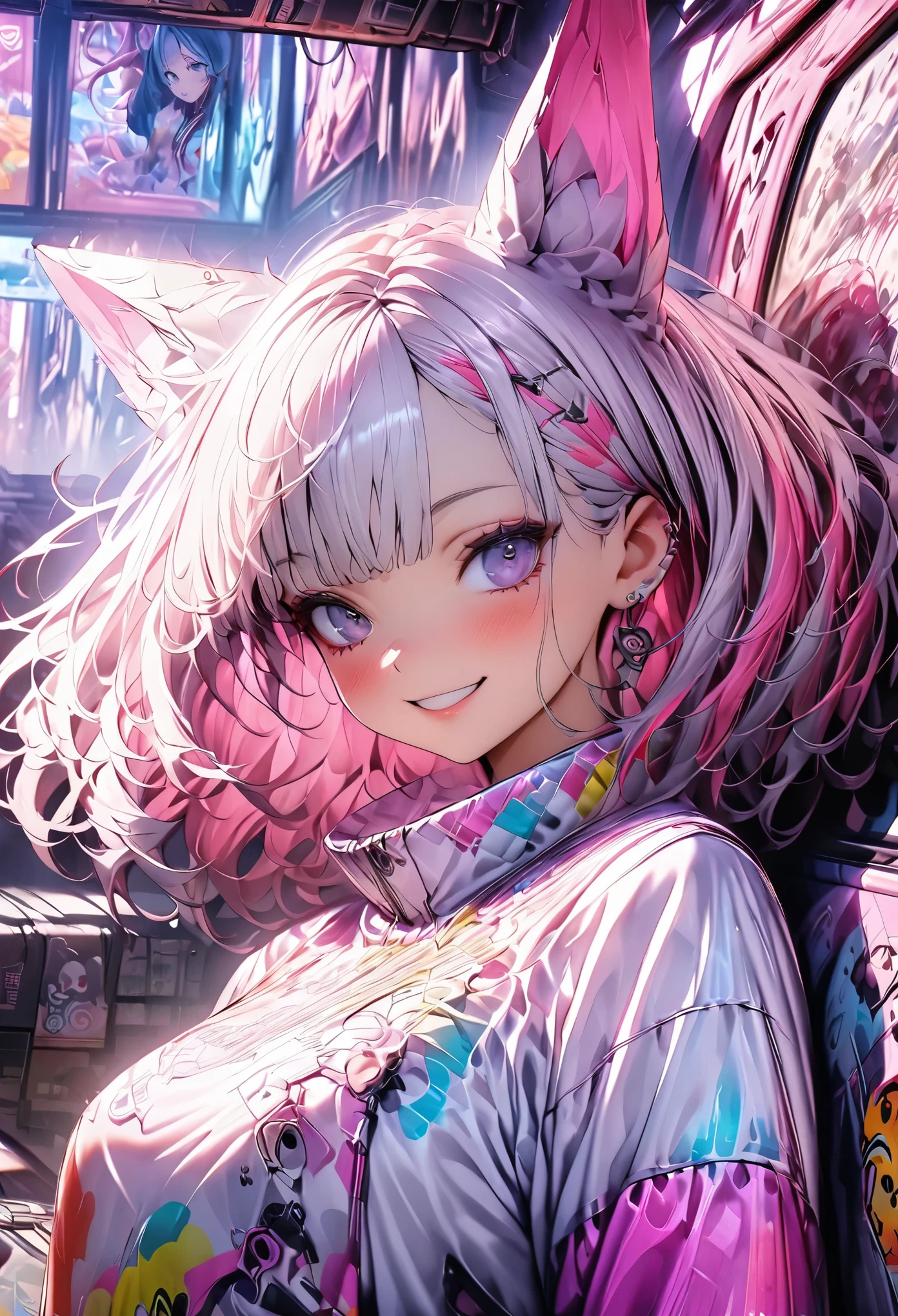 (masterpiece, highest quality, highest quality, Official Art, beautifully、aesthetic:1.2), (photographreal:1.5), Blake A girl holds a bunch of candy and a candy machine、Pink background with stars, Upper Body,A Smile Break by Alice Prin, photograph, Detailed painting, Pop Surrealism, (Neon colored hair:1.5),Strong winds,Giant Marshmallow Candy Machine Breaking Needlework, Intricate Design, Textile art, Handmade details, Creative Expression, Colorful yarn, cyber punk, Neo Dada BREAK