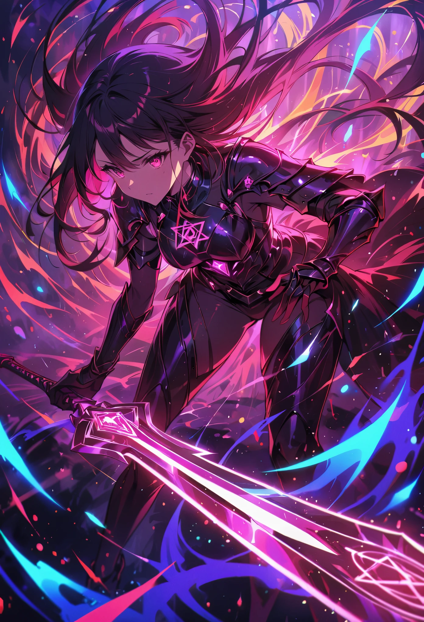 (best quality, masterpiece:1.2), ultra-detailed, a huge glowing sword, ancient glowing symbols on the blade, a girl wearing armor, Cuvry Pose,Dynamic Action，long flowing hair, silver armor,  electric arc hexagram magic circle background, magical effects, detailed magic circle, detailed hexagram, intricate sword handle texture, thick breath mist, Surrealism, 4k, 8k, highres, best quality, highres, anatomically correct, textured skin，vivid color,red,white,blue,