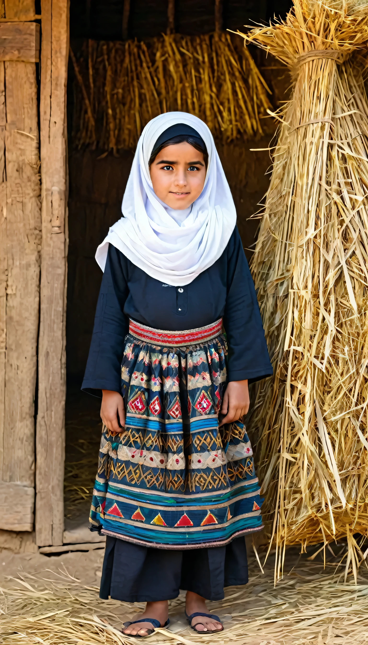 1girl, 10-years old, solo, an Iraqi  wearing traditional clothing at the theshold of a hut, wearing hijab, background includes hay and outdoor elements, black_hair, standing, looking_at_viewer