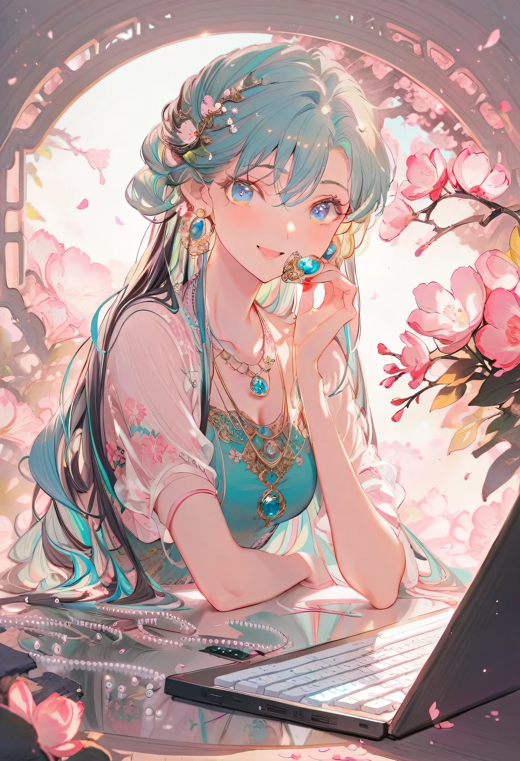 masterpiece, best quality, Super detailed, illustration,(1 Girl),Beautiful and delicate eyes, Looking at the audience, (holding computer keyboard), Happy, (turquoise hair:1), (blue round eyes:1), (round earrings), (Turquoise Large Gemstone Necklace), Cute round face, Long hair, Smile, fantasy chinese server