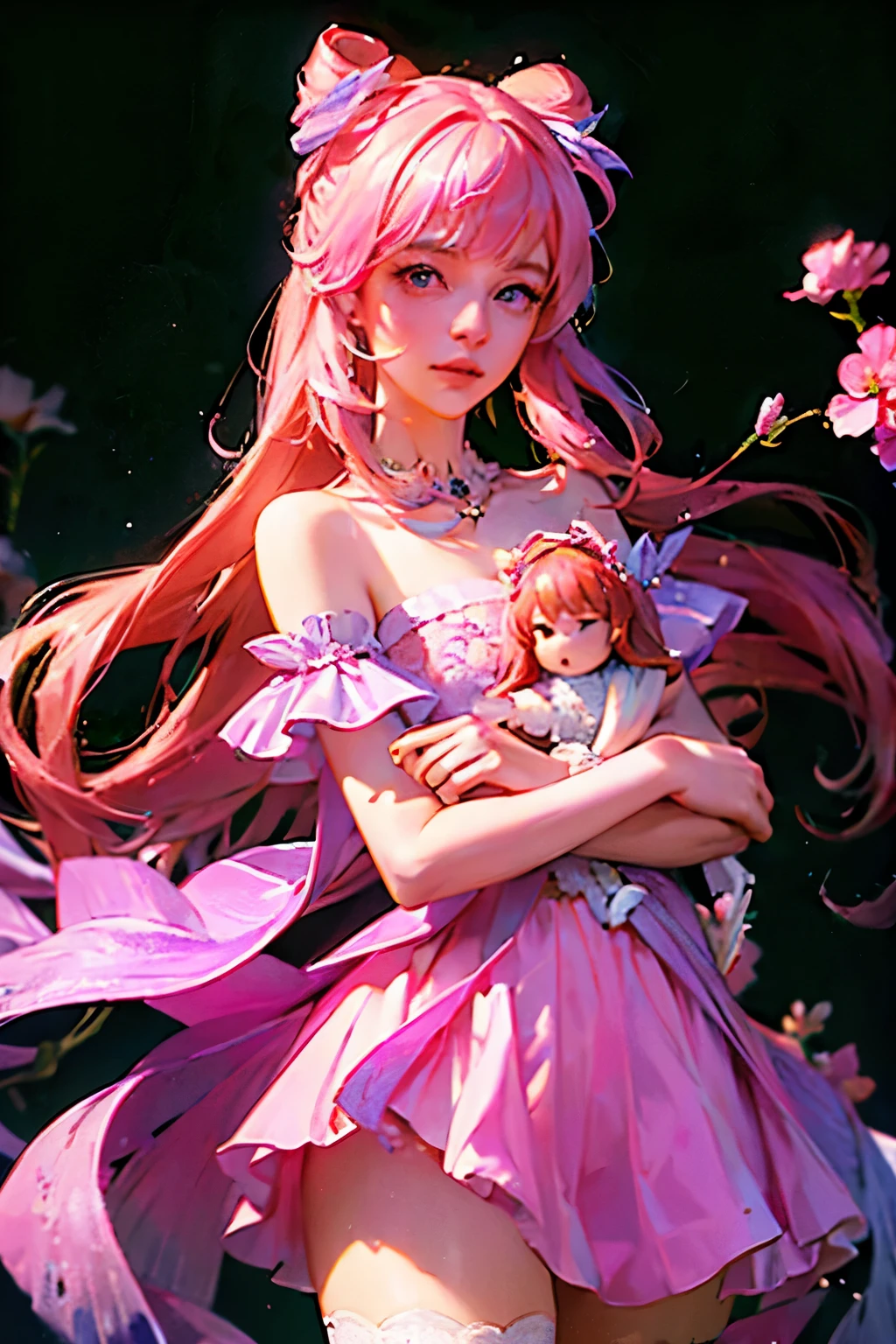 One of them is wearing a pink dress、Portrait of a woman holding flowers in GALAHAD, Ball joint doll, Fairy Tale Core, Rococo dress, Anime Barbie, anime barbie white, Rococo style clothing, Dreamy dress, Wearing pink ball gown, Woman in glowing floral dress, Lolita Fashion, Rococo Queen, Wearing a pink floral dress, Lolita style