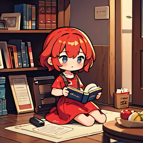 my character is sitting on the floor, she is a girl with short red hair wearing a dress and reading a book. i ask you to remove ...