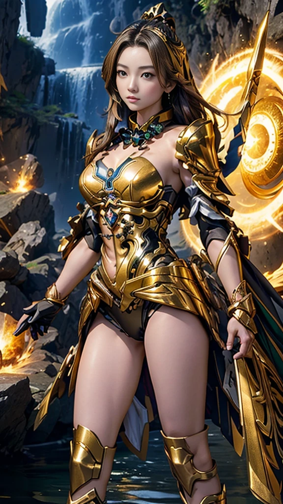 masterpiece,highest quality,Ultra-high resolution),Japanese women, Very beautiful girl, Naïve girl、Perfect limbs、Perfect Anatomy、Glowing Beautiful Skin、Watery eyes、Brown shiny hair、The colors and landscapes of youth、Premonition of Love: Green and Gold Uniform、 metallic Green armor, High Quality Costume, Brass armor, Masterpiece costume, Green armor, Avan Uniform, Golden black uniform, Gold Armor Suit, quality commander, Combat uniform, Embroidered uniform guard, Golden Obsidian Armor, Smooth Gold Armor、Camel Toe、Giant tit、Nipple Puffs、Cleavage、Plump、Super big breasts、Super big butt、Microcosm