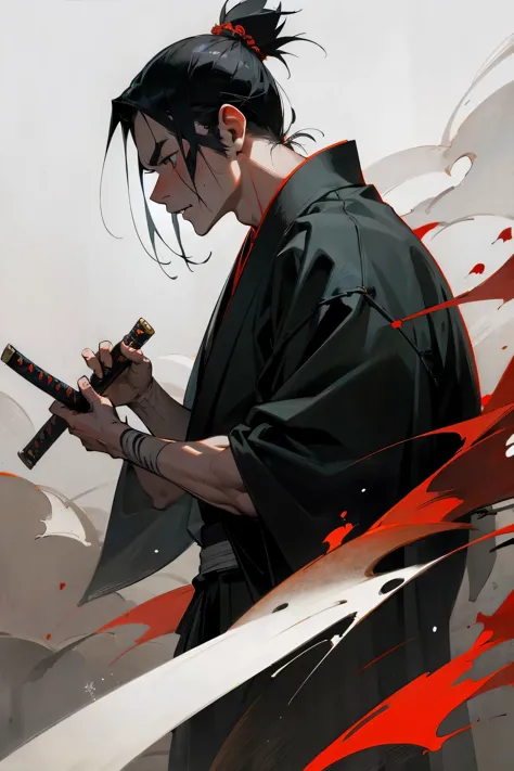 1man, samurai kimono, hardened veins, sword, blood, dark scene, nature, from side, photoreal painting