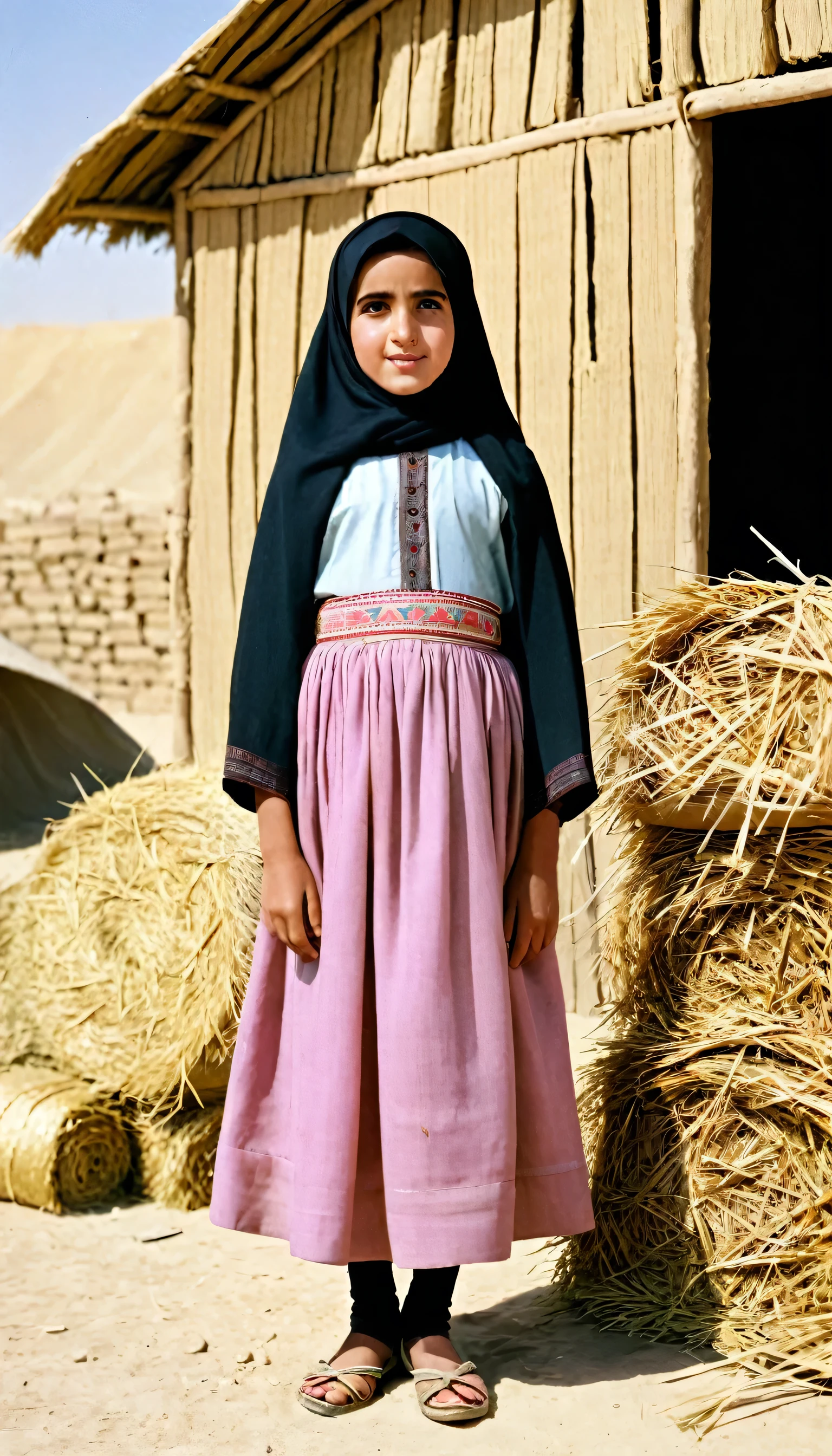 1girl, 10-years old, solo, an Iraqi  wearing traditional clothing at the theshold of a hut, wearing hijab, background includes hay and outdoor elements, black_hair, standing, looking_at_viewer, 1950s