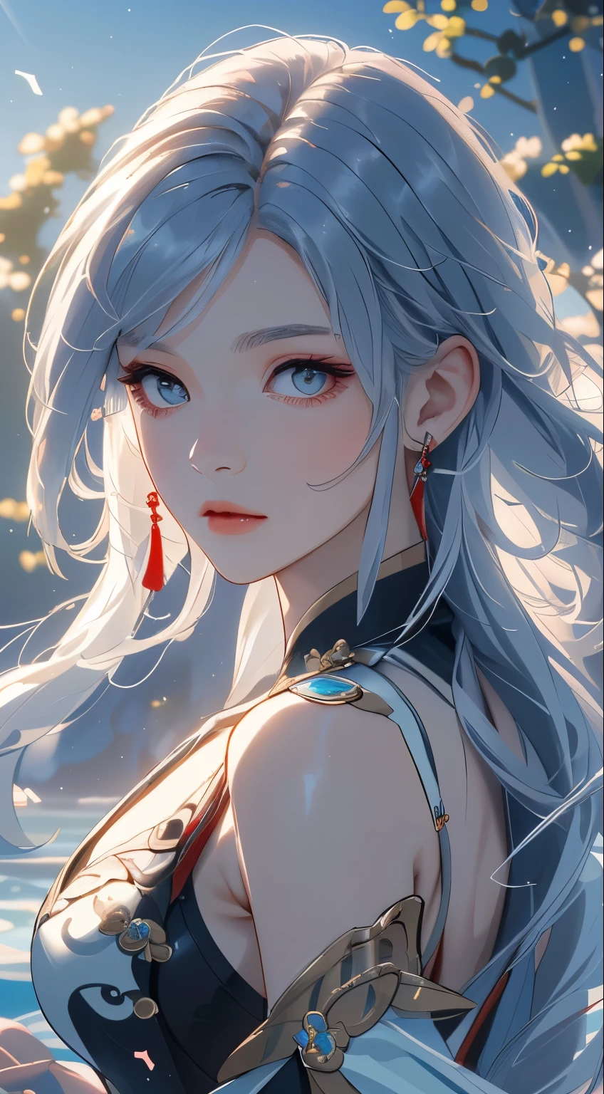 (masterpiece, Highest品質, Highest, Official Art, beautifully、aesthetic, exposed for a long time、Realistic: 1.4), Smooth movement, Captivating patterns, (((shenhe(genshin impact:1.3))))1 girl, No shoulders, chinese girl, （White long hair、Long white hair、Chinese knot）, Portraiture, alone, Thin legs、Great cleavage, An ennui look,, Ultra Wide Angle, gaze observer, Detailed Background, Detailed face, (Crystal AI, Crystal theme: 1.1), Wind Spirit, Spinning wind, Controlling the Wind, Black crystal outfit, Dynamic pose, Suspended particles, Spiritual Power, whirlwind, vapor, whirlwind in background, White Tone, whirlwind, Mysterious atmosphere,
