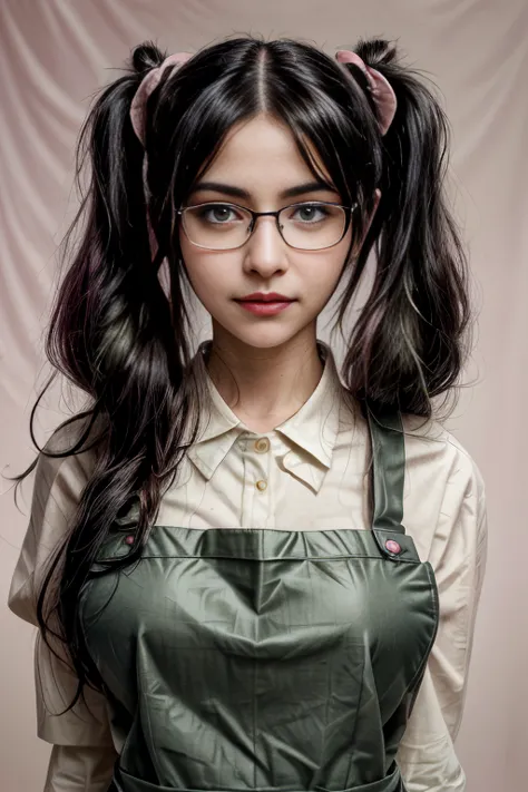Portrait of a twintail black hair woman,glasses, slight smile,pink lips,green eyes,only wearing apron, sharp focus, no shirt, hd...
