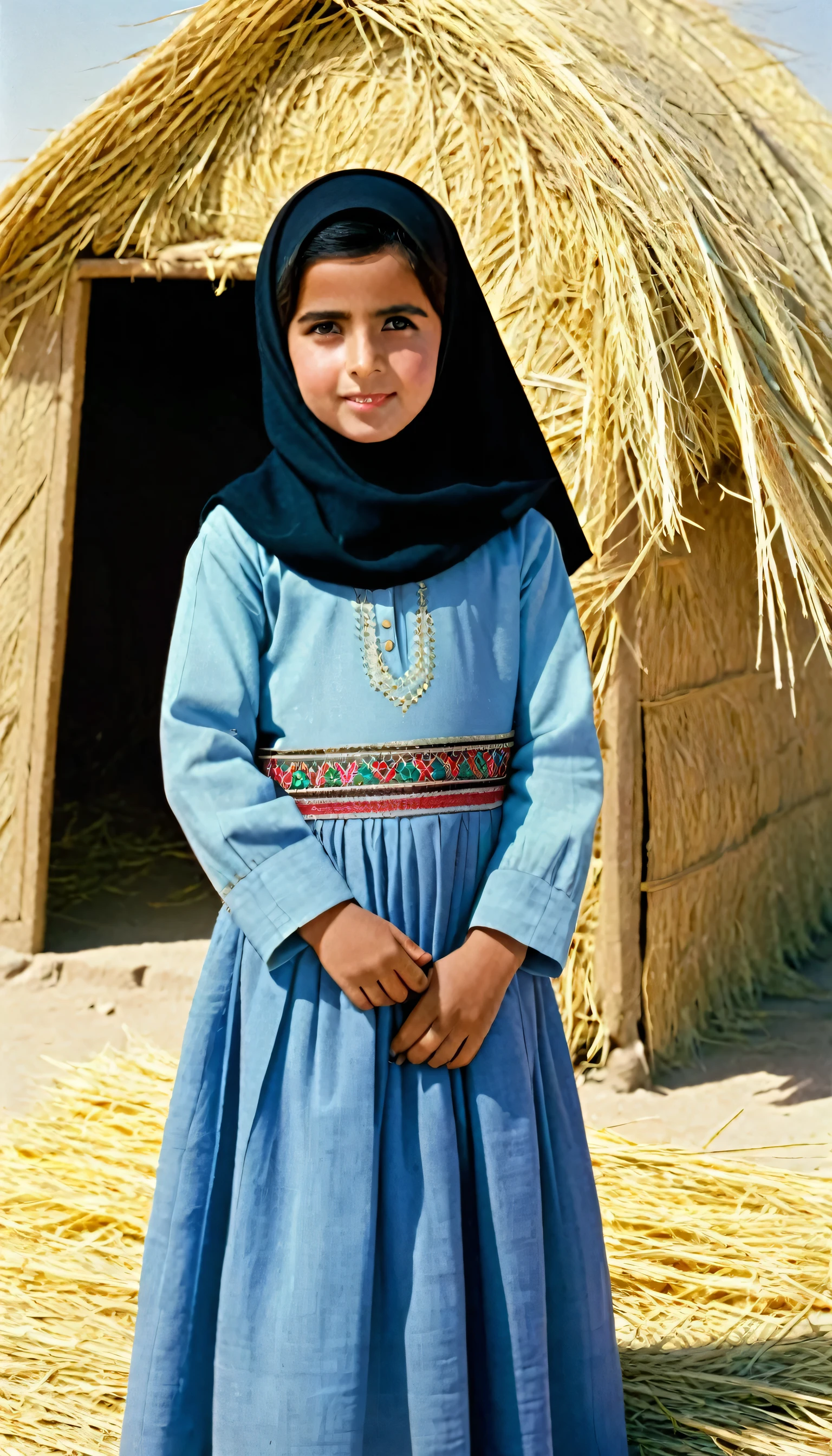 1girl, 6-years old, solo, an Iraqi  wearing traditional clothing at the theshold of a hut, wearing hijab, background includes hay and outdoor elements, black_hair, standing, looking_at_viewer, 1950s