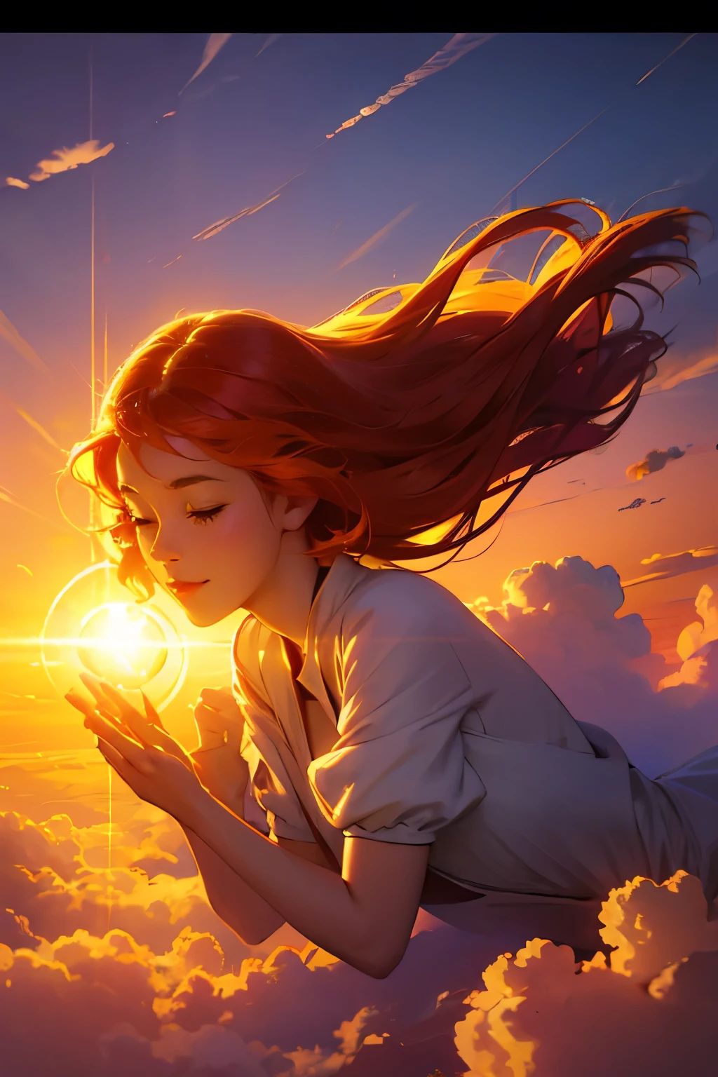 masterpiece, best quality, Movie Stills, 1 Girl, Cloud Girl, Floating in the air, close up, bright, Happy, Warm and soft lighting, Sunset, (spark:0.7)