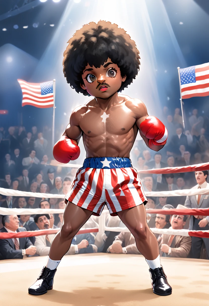 qualité VHS remasterisée, scène emblématique, moment marquant, combat dramatique, parodie cinématographique, Rocheux II, parodie poilue, Rocky Balboa est un boxeur à cheval qui se bat avec Apollo Creed est un taureau noir aux cheveux afro et un boxeur portant un short avec un imprimé drapeau américain,