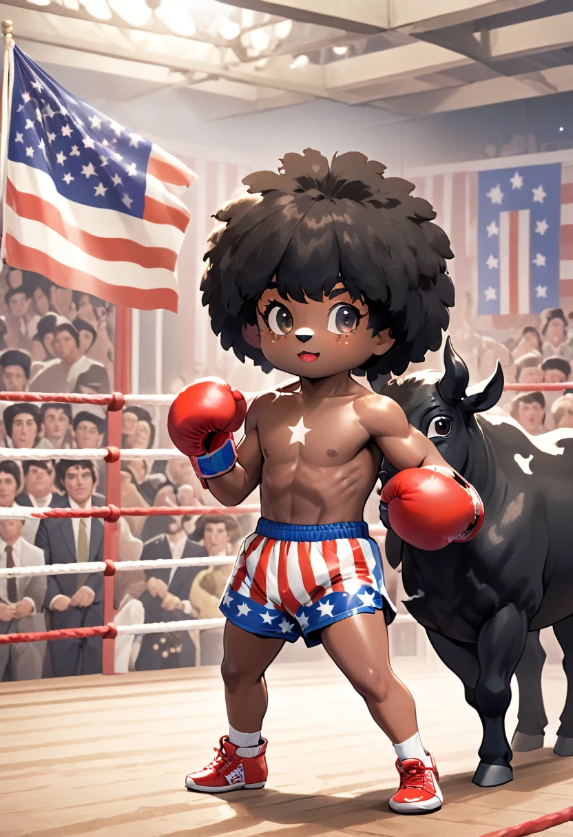 remasterte VHS-Qualität, emblematische Szene, bemerkenswerter Moment, dramatischer Kampf, filmische Parodie, Rocky II, pelzige Parodie, ein Boxpferd, das mit einem schwarzen Stier mit Afrohaar kämpft, Boxer trägt Shorts mit einem USA-Flaggen-Aufdruck,