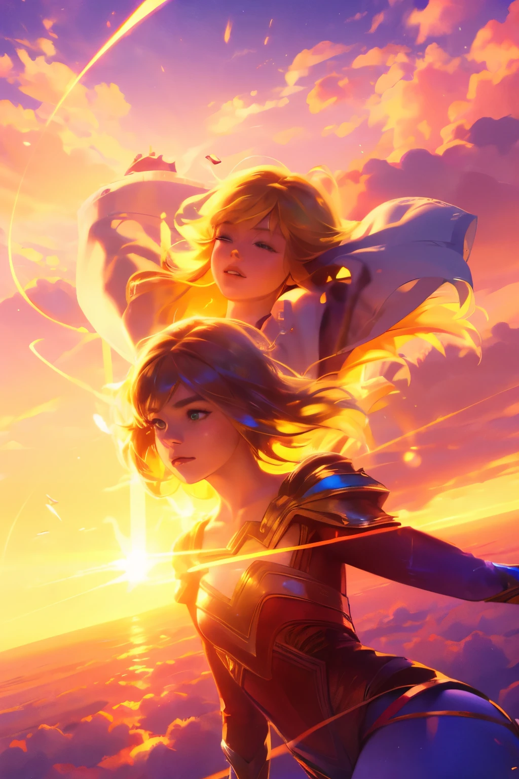 masterpiece, best quality, Movie Stills, 1 Girl, Cloud Girl, Floating in the air, close up, bright, Happy, Warm and soft lighting, Sunset, (spark:0.7)