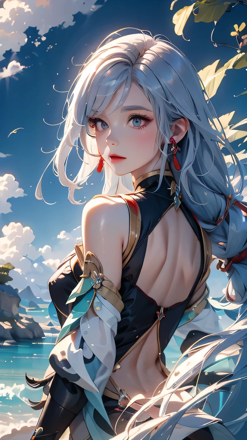 (masterpiece, Highest quality, Highest, Official Art, beautifully、aesthetic, exposed for a long time、Realistic: 1.4), Smooth movement, Captivating patterns, (((shenhe(genshin impact:1.5))))1 girl, No shoulders, chinese girl, （White long hair、Long white hair、Chinese knot）, Portraiture, alone, Thin legs、（Chests wrapped in tights、 A white cloth is draped over it.）An ennui look,, Ultra Wide Angle, gaze observer, Detailed Background, Detailed face, (Crystal AI, Crystal theme: 1.1), Wind Spirit, Spinning wind, Controlling the Wind, Black crystal outfit, Dynamic pose, Suspended particles, Spiritual Power, whirlwind, vapor, whirlwind in background, White Tone, whirlwind, Mysterious atmosphere,
