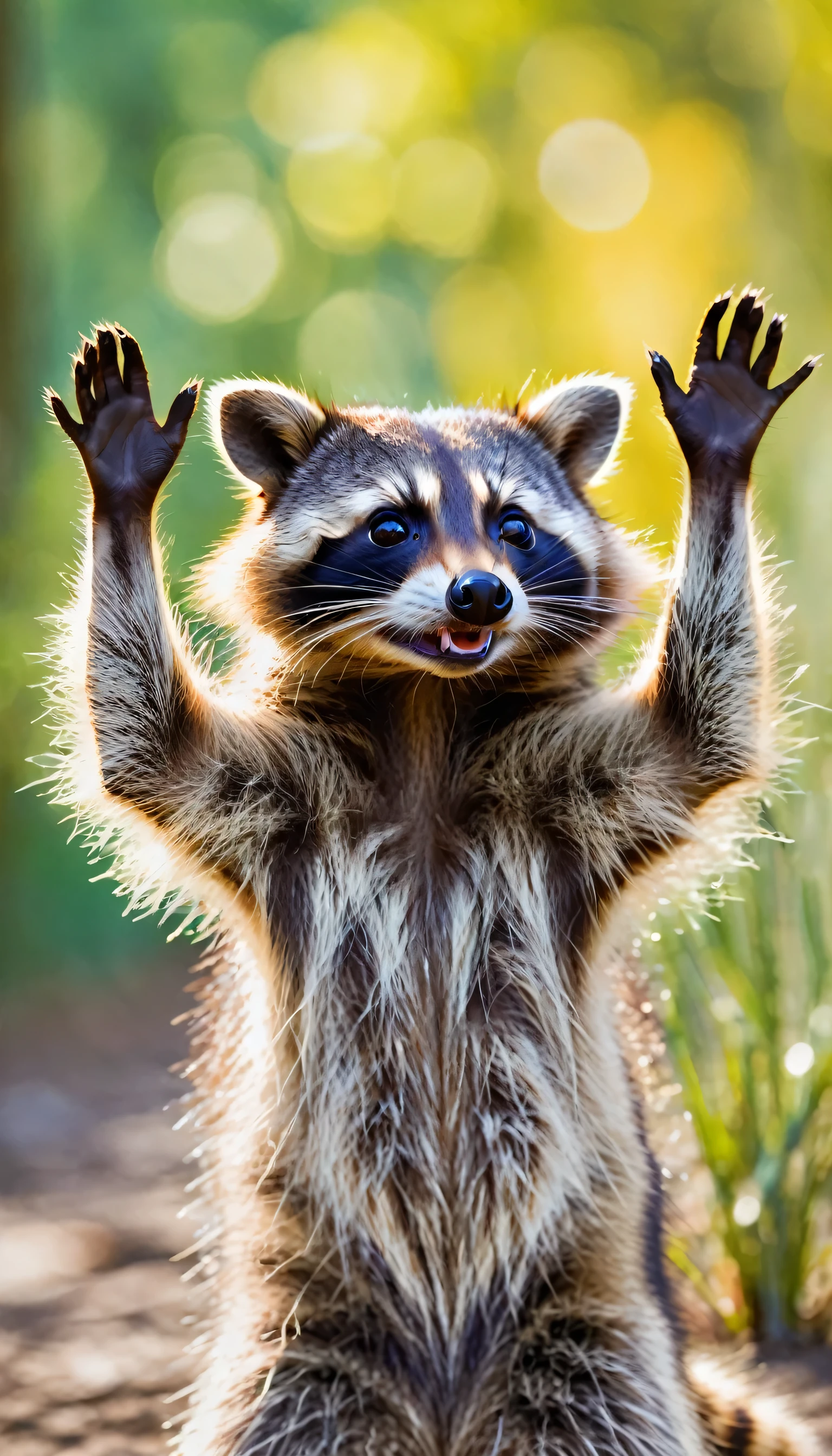 a raccoon with its arms outstretched, looking very funny, outdoors in a wildlife setting, realistic, blurry_background, animal, animal_focus, whiskers, depth_of_field, solo, looking_at_viewer, modern art style, wotercolor painting, psychedelic colors