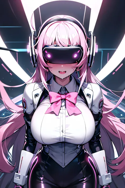 Anime cyborg girl sitting in a pilot seat wearing a virtual reality headset covering her eyes on her face with machinery and tub...