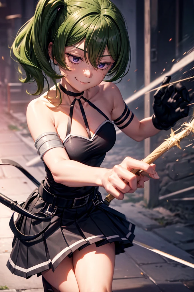 ubel,core_9, score_8_superior, score_7_superior, score_6_superior, score_5_superior, score_4_superior, sauce_anime, screenshot, Uber, 1 girl, Green Hair, bangs, Hair between the eyes, Side Ponytail, Purple eyes , Black Choker, clavicle, No sleeve , Black Dress, No sleeve dress, Halter neck, Pleated skirt, Black gloves, smile, Half-closed eyes, whole body, Angry face, Monster fighting scene, Have a magic wand