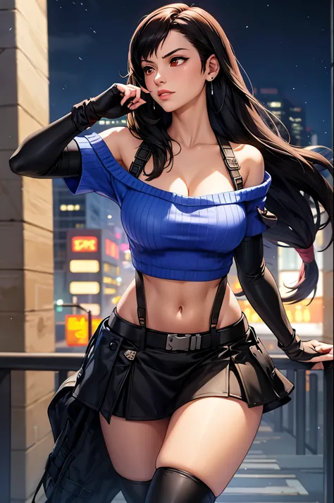 perfect eyes:1.2, detailed eyes:1.4, metTifa, closed mouth, fight pose, angry, navel, large breasts, red eyes, low-tied long hai...