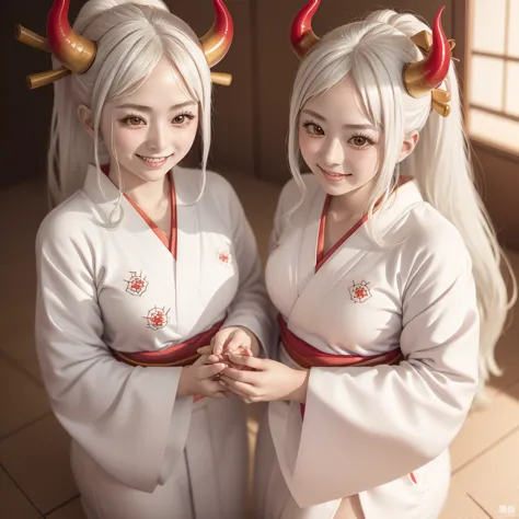 blonde woman in red kimono with horns and white shirt, anime girl cosplay, japanese goddess, ayaka cosplay, perfect white haired...