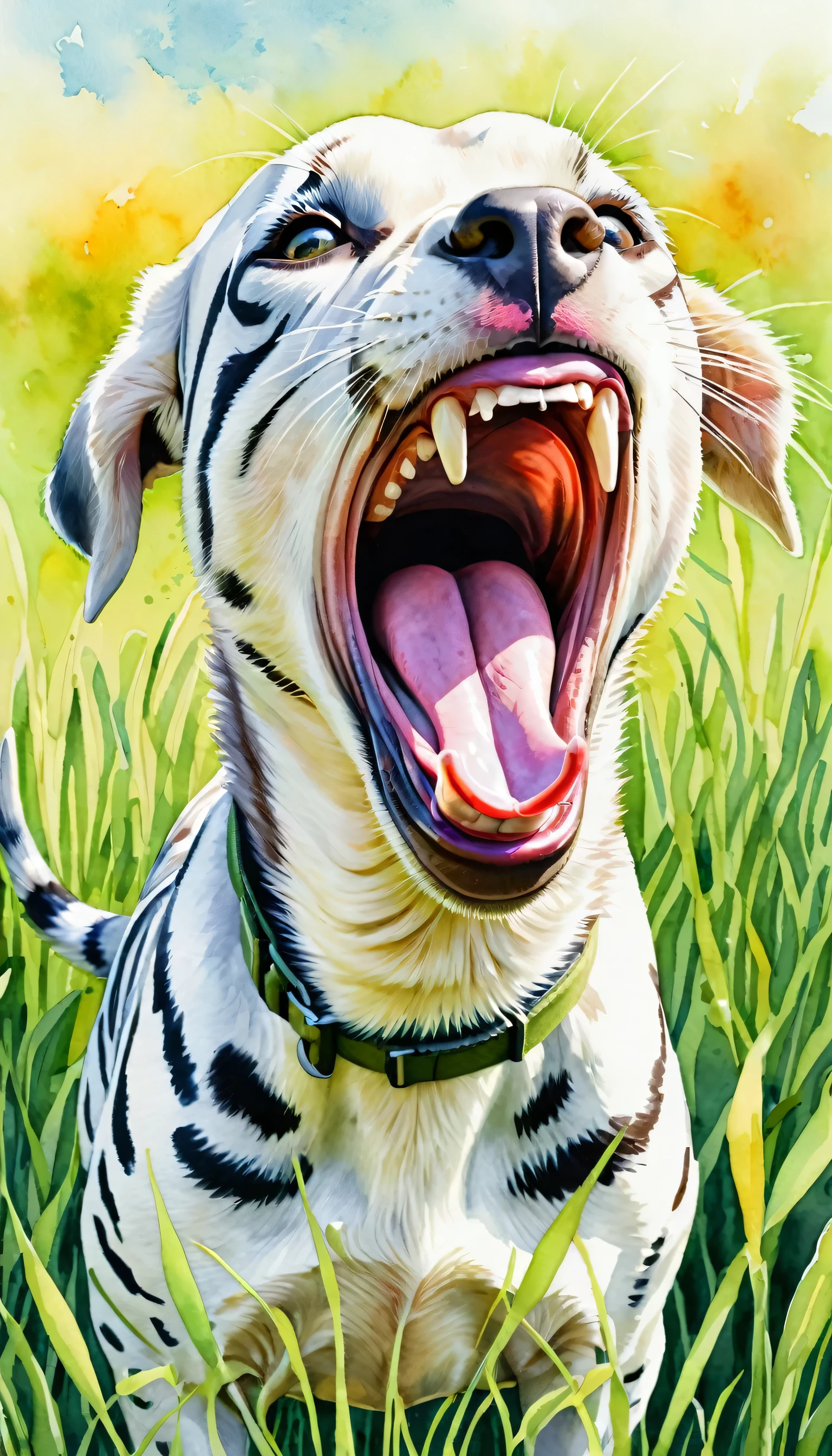 zebra with its mouth open in a grassy outdoor setting, funny, laughing, standing in a field, realistic, no_humans, tongue, animal_focus, teeth, animal, open_mouth, tongue_out, modern art style, watercolor painting, psychedelic colors