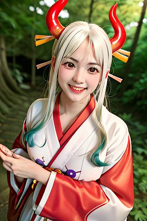 Blonde woman in Red kimono with horns and white shirt, anime girl cosplay, Japanese goddess, ayaka cosplay, perfect white haired girl, Charming anime girl, Anime girls in real life, anime cosplay, in kimono,  white hair, Beautiful, charming anime women, cosplay, Shot with canon eos r6, white haired god, Close-up Yamato smiling cutely. Beautiful forest floor. 