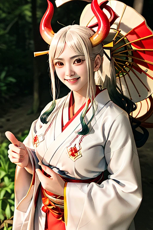 Blonde woman in Red kimono with horns and white shirt, anime girl cosplay, Japanese goddess, ayaka cosplay, perfect white haired girl, Charming anime girl, Anime girls in real life, anime cosplay, in kimono,  white hair, Beautiful, charming anime women, cosplay, Shot with canon eos r6, white haired god, Close-up Yamato smiling cutely. Beautiful forest floor. 