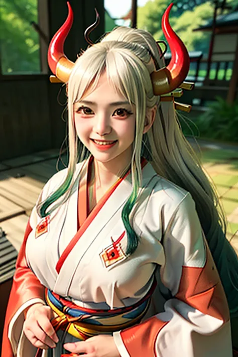 blonde woman in red kimono with horns and white shirt, anime girl cosplay, japanese goddess, ayaka cosplay, perfect white haired...