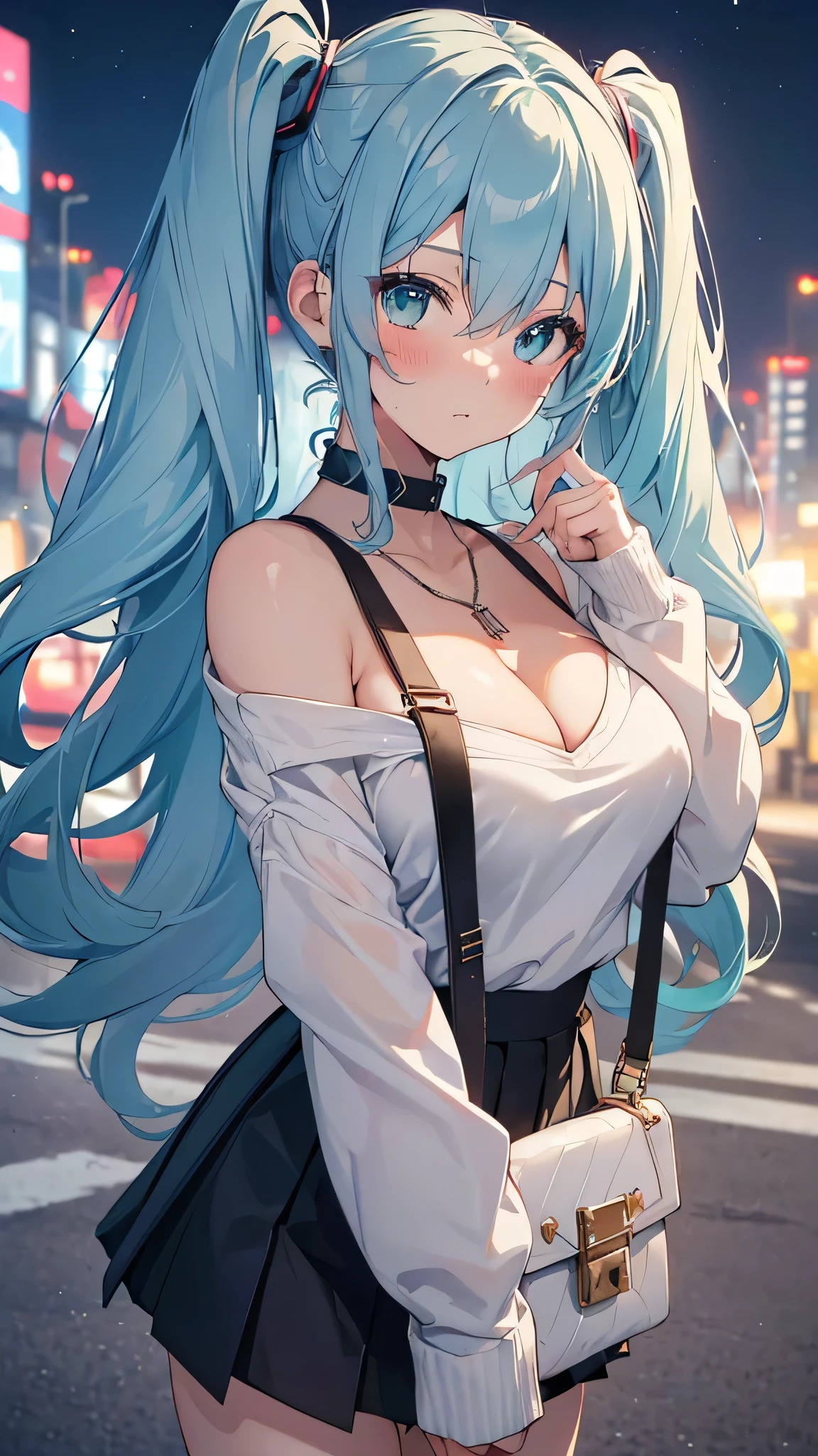 ((dessus de la table, Meilleure qualité, haute résolution, nffsw, pixel parfait, profondeur de champs, 4k, nffsw, nffsw))), 1 fille dans, célibataire, seulement, belle fille animée, Hatsune Miku,Beau style artistique, personnage d&#39;anime, 24 ans, ((cheveux à double queue, frange, cheveux bleu clair, cheveux bouclés:1.2, épingle à cheveux)), ((Visage détaillé, rougir:1.2)), ((yeux verts:1.8, effet pétillant, cil détaillé)), ((texture lisse:0.75, texture réaliste:0.5, Style d&#39;animation de synthèse)), ((seins moyens, clivage:0.95)), Angle dynamique, gros seins, corps parfait, ((Fermer, Point de vue, portrait, Tiens ton visage)), ((Pull blanc, jupe:1.5, Plis dans la jupe, style jupe plissée, collier en argent)), ((Visible bonne sangle, bonne sangle)), nuit, lumières de la nuit, bokeh:1.4, (plein air, Bâtiments de la ville, Grandes foules), (À la mode, Sac à main)