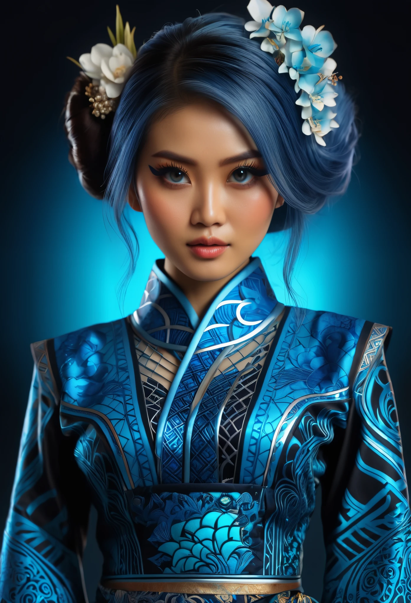 (high quality), (masterpiece), (detailed), 8K, Hyper-realistic digital illustration depicts the (upper body1.3) of a (Japanese woman1.3) with (vibrant blue hair1.5) and (intense blue eyes1.5) wearing a (futuristic kebaya1.2) with (intricate batik patterns1.2) inspired by Indonesian culture. Her (fantasy outfit1.2) is adorned with (glowing accents1.2) and (neon lights1.2), reflecting the modern and futuristic atmosphere. In style of Ash Thorp, trending on DeviantArt.