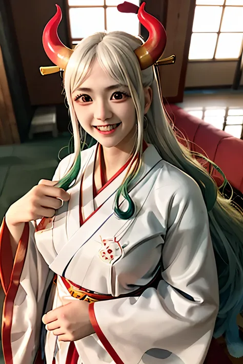 blonde woman in red kimono with horns and white shirt, anime girl cosplay, japanese goddess, ayaka cosplay, perfect white haired...