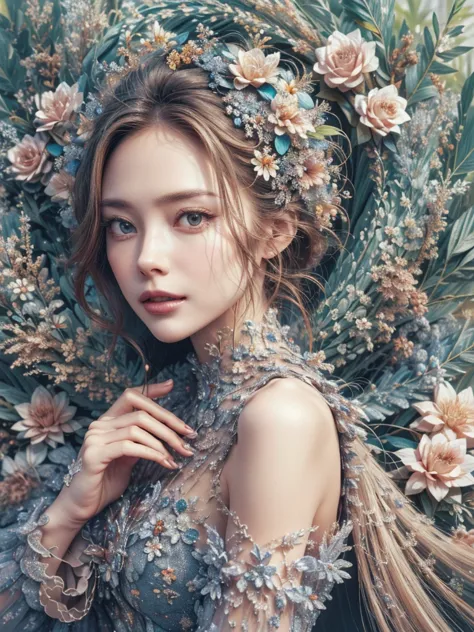 ((((8k))),(highest quality color photo of a mysterious beautiful woman in floral clothing on a fashion magazine cover, Haute cou...