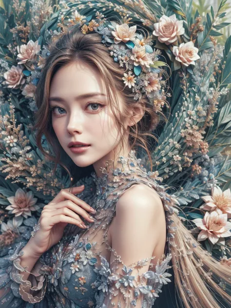 ((((8k))),(highest quality color photo of a mysterious beautiful woman in floral clothing on a fashion magazine cover, haute cou...