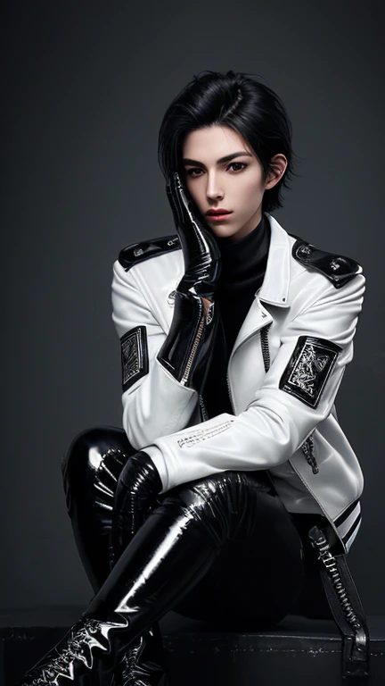 Final Fantasy-style graphics, young, Cute and cool Japanese boys, Thin eyebrows and big eyes,  He is wearing a shiny white single-breasted leather jacket.......。Biker style leather jacket、 with epaulettes,  The jacket is zipped up, The jacket pockets are black., The jacket has a high stand-up collar with a belt, Also wearing a black turtleneck, Black Leather Pants, Thin black leather gloves on both hands, Black leather knee-high lace-up boots, Show me your whole body from head to toe, Final Fantasy Style、((good looking))、((good looking))、((Clear eyes and nose))、((Shiny white single leather jacket))、((The jacket must be white))、((The jacket has epaulettes))、((Jacket has a high stand-up collar and belt))、((The jacket has a black pocket))、((Black turtleneck shirt))、((Black Leather Pants))、((Always wear shiny black leather gloves on both hands))、(((Cover all fingers on both hands with gloves))、((Black lace-up leather long boots))、((View full-body images from a distance))、Realistic image quality and texture、In a small cell、close your eyes、A kind smile、((The jacket is closed with a zipper))、((No exposed skin below the neck))、((round face)、((Short Hairstyleedium build))